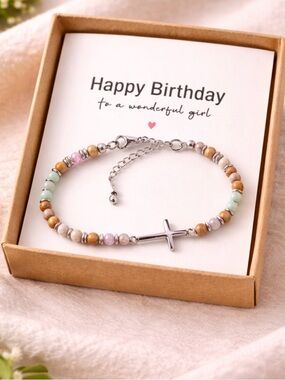 Religious Cross Bead Bracelet Happy Birthday